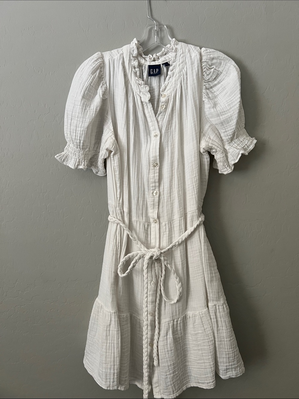 GAP Off White Gauze Button-Front Mini Dress with Braided Tie belt